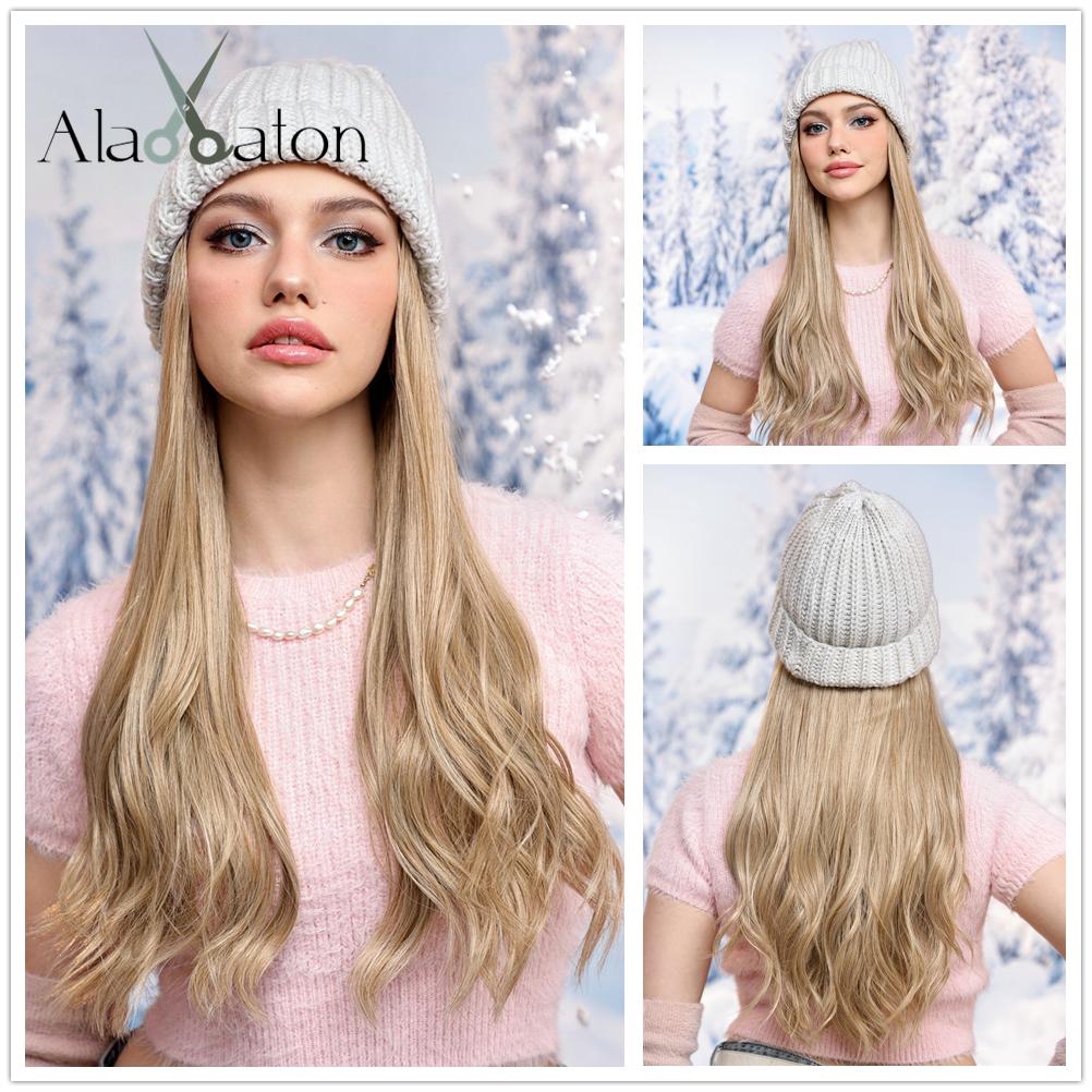 ALAN EATON Hut Perücken Kappe mit Haaren Blonde Farbe Verbinden Sie synthetische Haarverlängerungen für Frauen Tägliche Party Hochtemperaturfaser von Joom DACH