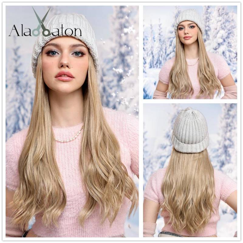 ALAN EATON Hut Perücken Kappe mit Haaren Blonde Farbe Verbinden Sie synthetische Haarverlängerungen für Frauen Tägliche Party Hochtemperaturfaser von Joom DACH