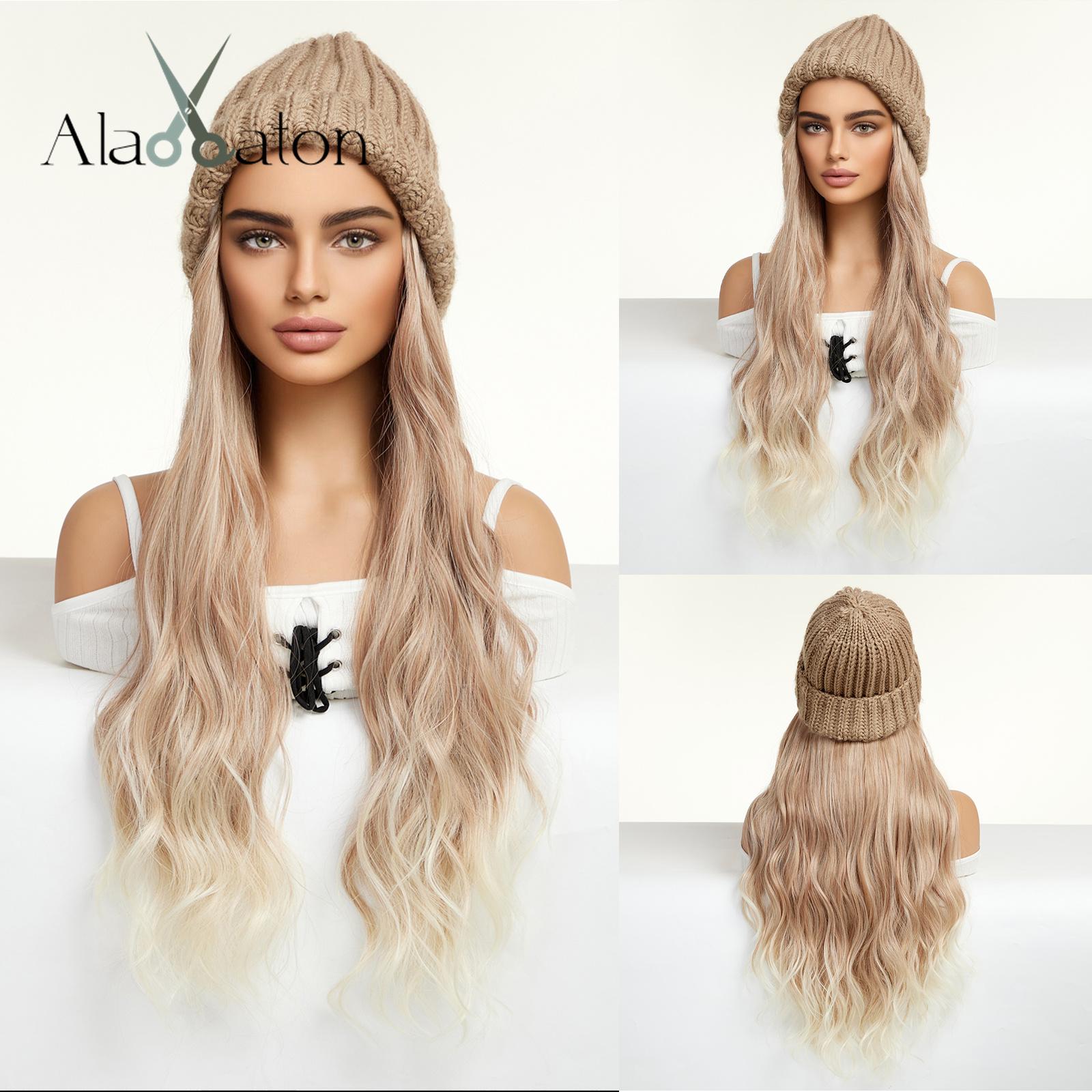 ALAN EATON Hut Perücken Mütze mit Haar gerade natürliche schwarze Farbe Connect Winter Strickmütze Kunsthaar Frauen täglich Party hohe Temperatur von Joom DACH