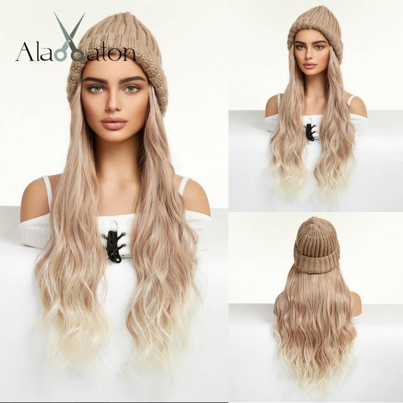 ALAN EATON Hut Perücken Mütze mit Haar gerade natürliche schwarze Farbe Connect Winter Strickmütze Kunsthaar Frauen täglich Party hohe Temperatur von Joom DACH