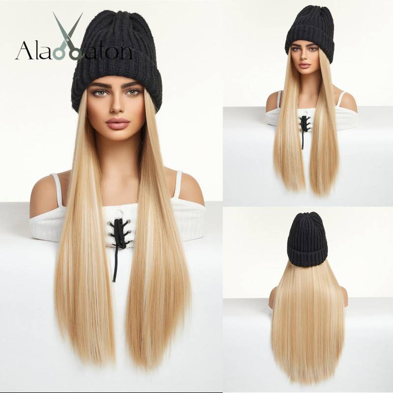 ALAN EATON Hut Perücken Mütze mit Haar gerade natürliche schwarze Farbe Connect Winter Strickmütze Kunsthaar Frauen täglich Party hohe Temperatur von Joom DACH