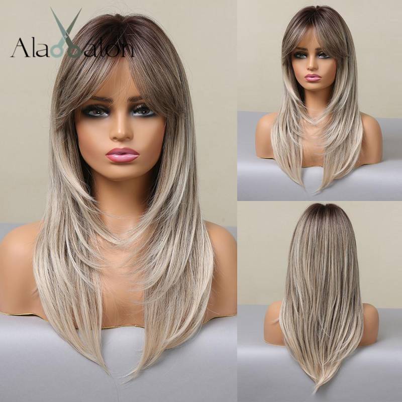 ALAN EATON Synthetische Perücke für schwarze Frauen und Mädchen, natürliche mittelwellige dunkelbraune Perücke mit Pony, Cosplay, Party, hitzebeständiges Haar von Joom DACH