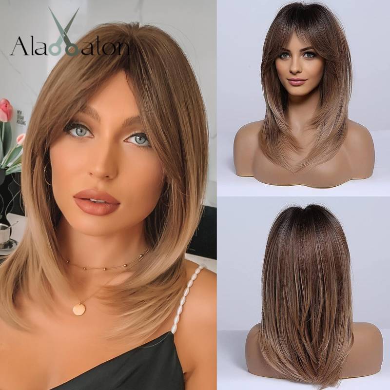 ALAN EATON Synthetische Perücke für schwarze Frauen und Mädchen, natürliche mittelwellige dunkelbraune Perücke mit Pony, Cosplay, Party, hitzebeständiges Haar von Joom DACH