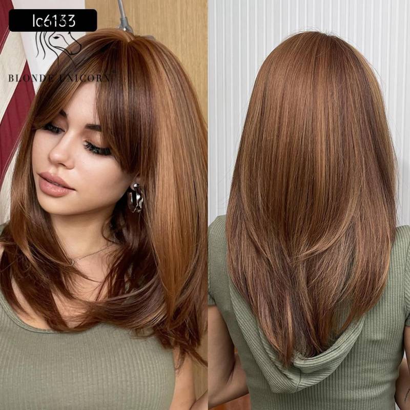 ALAN EATON Synthetische Perücke für schwarze Frauen und Mädchen, natürliche mittelwellige dunkelbraune Perücke mit Pony, Cosplay, Party, hitzebeständiges Haar von Joom DACH