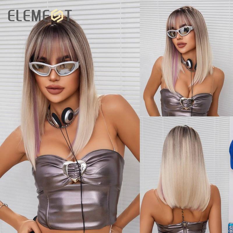 ALAN EATON Synthetische Perücke für schwarze Frauen und Mädchen, natürliche mittelwellige dunkelbraune Perücke mit Pony, Cosplay, Party, hitzebeständiges Haar von Joom DACH