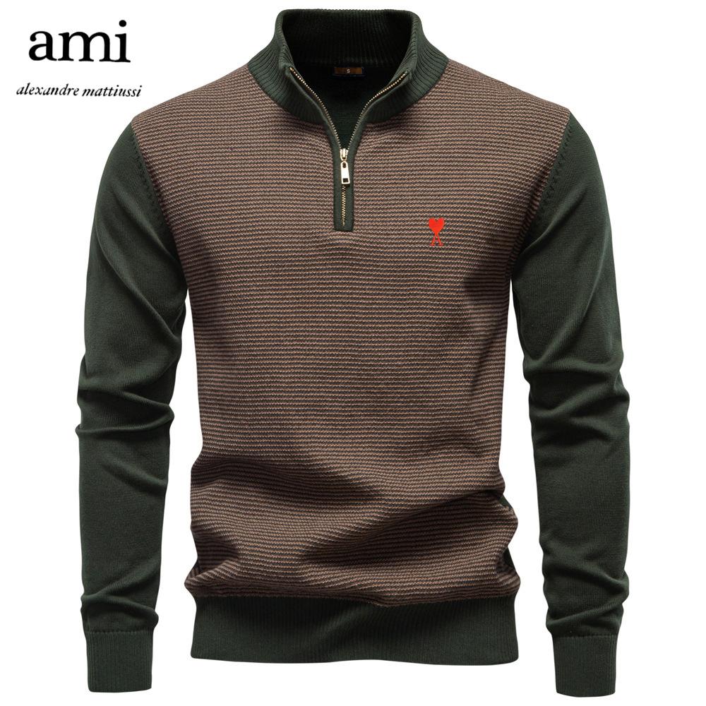 AMI 2025 Herbst/Winter Stickerei Neuer Halb-Reißverschluss Herren Stehkragen Baumwollpullover Business Casual Strickpullover XXL von Joom DACH