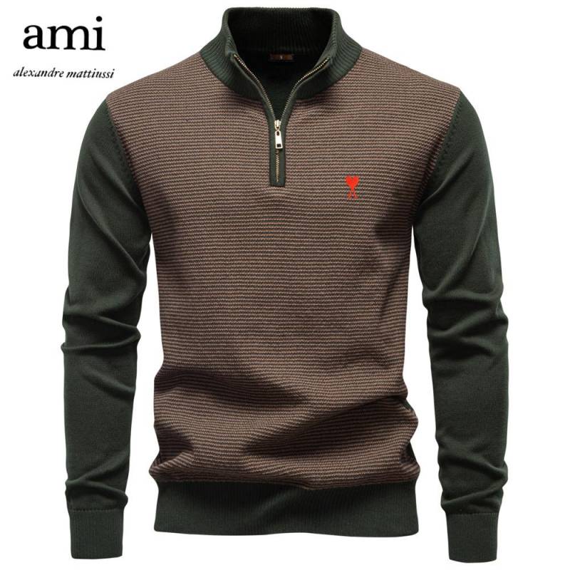 AMI 2025 Herbst/Winter Stickerei Neuer Halb-Reißverschluss Herren Stehkragen Baumwollpullover Business Casual Strickpullover XXL von Joom DACH