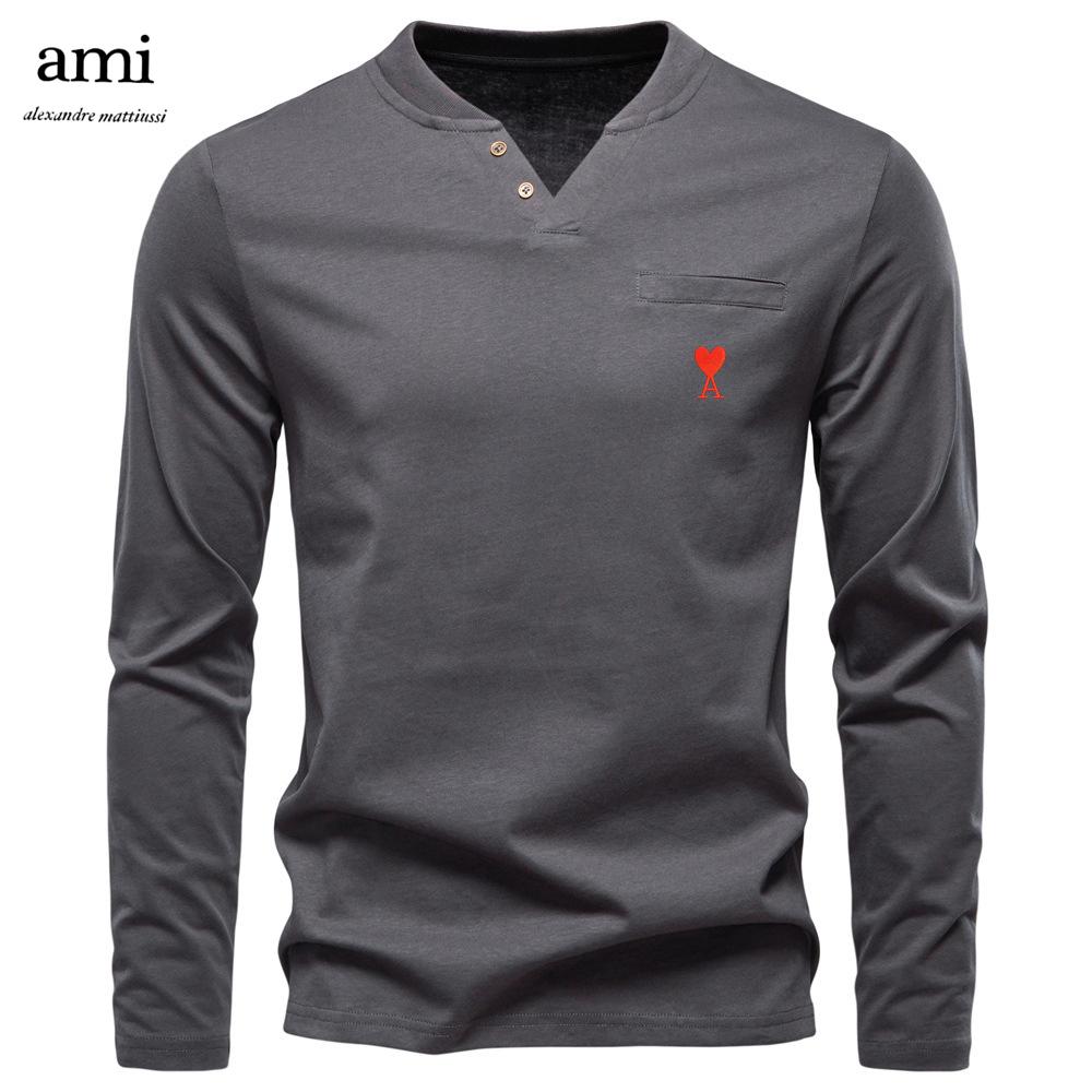 AMI 2025 Herbst Neu Herren Stickerei Lässig V-Ausschnitt Langarm T-Shirt Slim Fit Basisshirt Reine Baumwolle T-Shirt Top für Herren XXL von Joom DACH