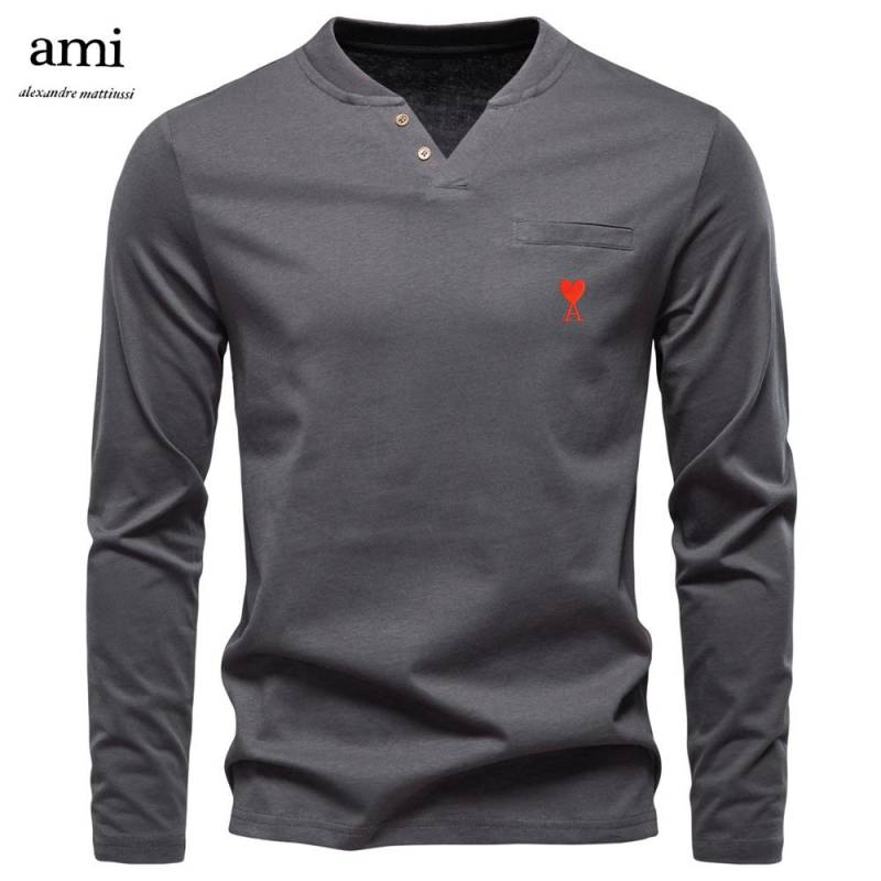 AMI 2025 Herbst Neu Herren Stickerei Lässig V-Ausschnitt Langarm T-Shirt Slim Fit Basisshirt Reine Baumwolle T-Shirt Top für Herren XXL von Joom DACH