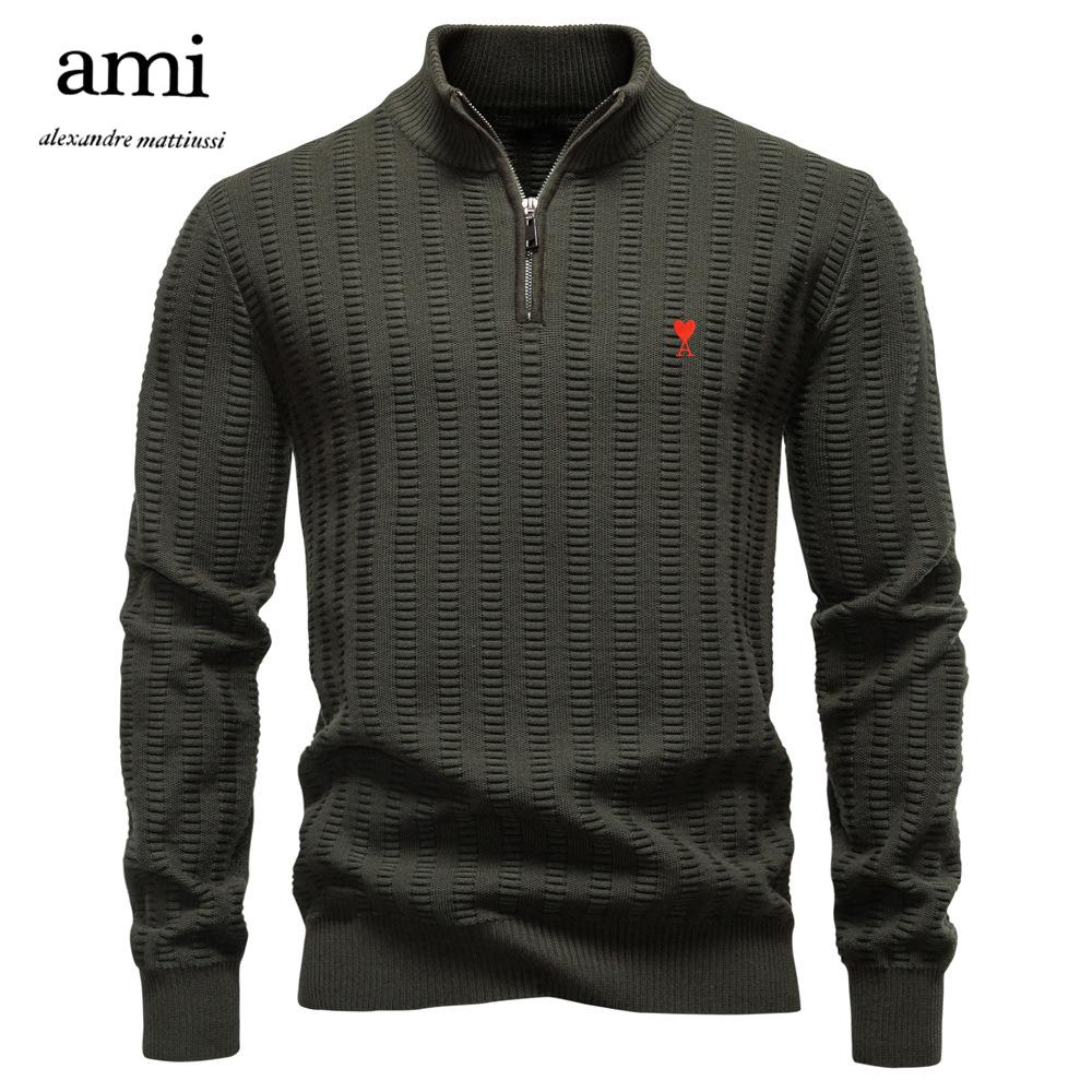 AMI 2025 Herbst und Winter Stickerei Neuer gestreifter Jacquard Herren Übergröße Pullover, Halber Reißverschluss Stehkragen Business-Pullover XXL von Joom DACH