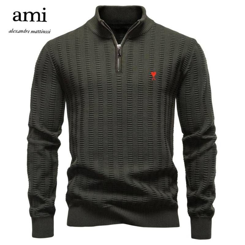 AMI 2025 Herbst und Winter Stickerei Neuer gestreifter Jacquard Herren Übergröße Pullover, Halber Reißverschluss Stehkragen Business-Pullover XXL von Joom DACH