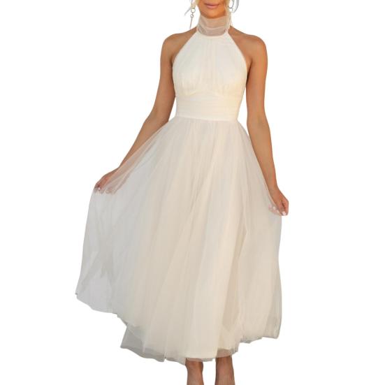 Abendkleid für Damen, mit Schnürung, hoher Kragen, Neckholder, rückenfrei, schulterfrei, ärmellos, mehrlagiger Netzsaum, einfarbig, A-Linie M apricot von Joom DACH