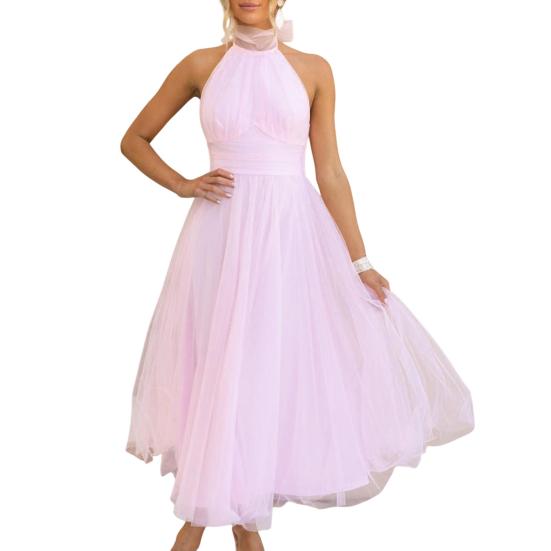 Abendkleid für Damen, mit Schnürung, hoher Kragen, Neckholder, rückenfrei, schulterfrei, ärmellos, mehrlagiger Netzsaum, einfarbig, A-Linie S licht lila von Joom DACH