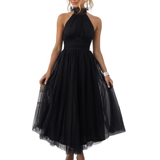 Abendkleid für Damen, mit Schnürung, hoher Kragen, Neckholder, rückenfrei, schulterfrei, ärmellos, mehrlagiger Netzsaum, einfarbig, A-Linie XL schwarz von Joom DACH