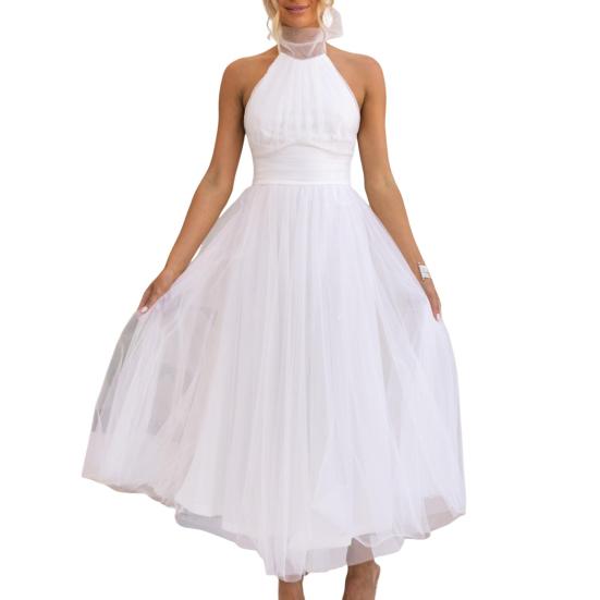 Abendkleid für Damen, mit Schnürung, hoher Kragen, Neckholder, rückenfrei, schulterfrei, ärmellos, mehrlagiger Netzsaum, einfarbig, A-Linie XL weiß von Joom DACH