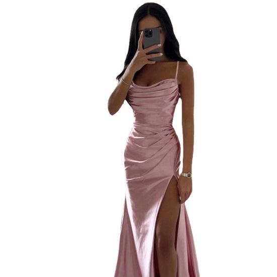 Abendkleid für Damen, tief ausgeschnitten, V-Ausschnitt, ärmellos, Spaghettiträger, Satin, plissiert, hoher Schlitz, einfarbig M rosa von Joom DACH