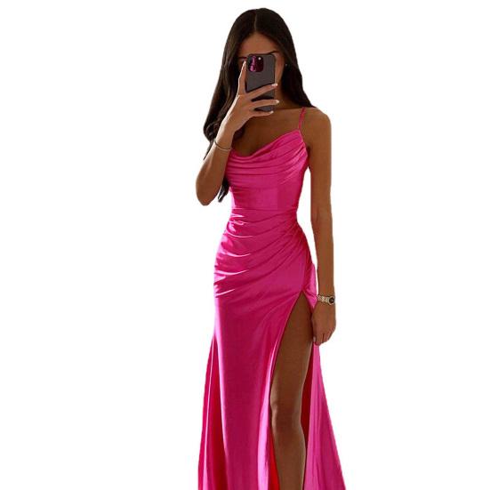 Abendkleid für Damen, tief ausgeschnitten, V-Ausschnitt, ärmellos, Spaghettiträger, Satin, plissiert, hoher Schlitz, einfarbig M rose rot von Joom DACH