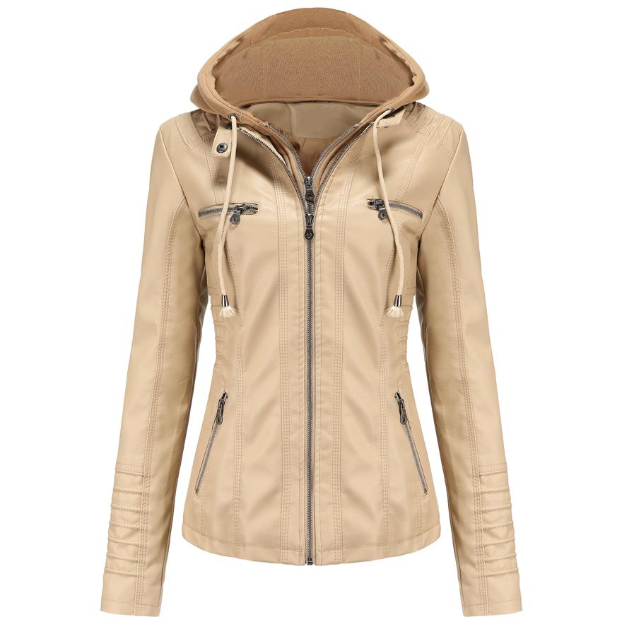 Abnehmbare Kapuzen-Kunstlederjacke für Damen, Motocross-Racer, Biker, Doppelreißverschluss, schmaler PU-Motorrad-Kurzmantel, klassische Bomber-Oberbekleidung, S-4XL 2XL apricot von Joom DACH