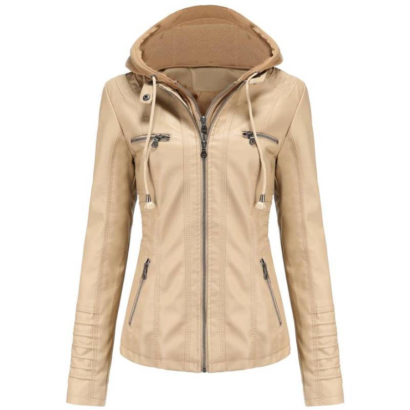 Abnehmbare Kapuzen-Kunstlederjacke für Damen, Motocross-Racer, Biker, Doppelreißverschluss, schmaler PU-Motorrad-Kurzmantel, klassische Bomber-Oberbekleidung, S-4XL 2XL apricot von Joom DACH