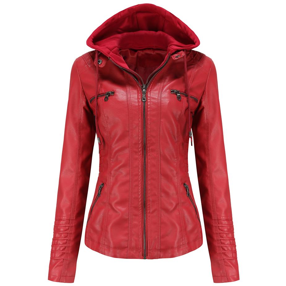 Abnehmbare Kapuzen-Kunstlederjacke für Damen, Motocross-Racer, Biker, Doppelreißverschluss, schmaler PU-Motorrad-Kurzmantel, klassische Bomber-Oberbekleidung, S-4XL S rot von Joom DACH
