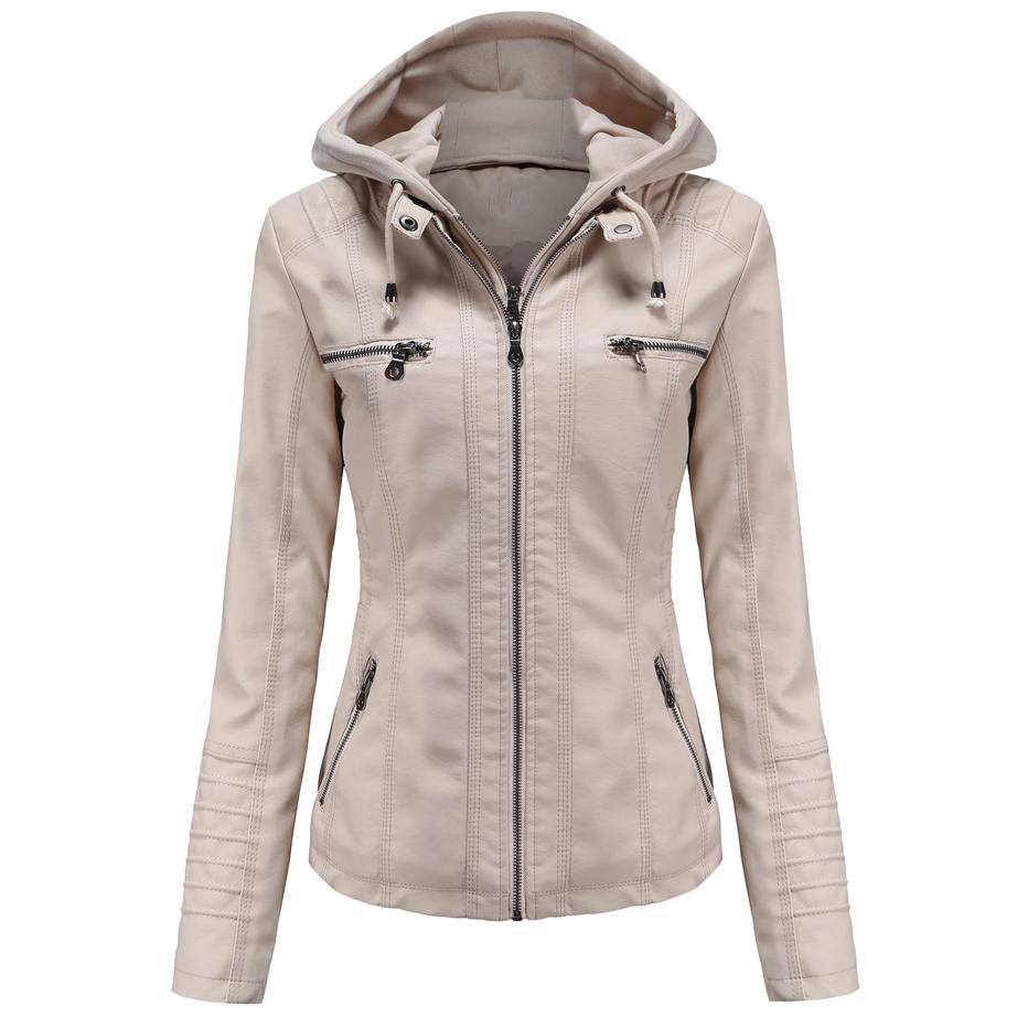 Abnehmbare Kapuzen-Kunstlederjacke für Damen, Motocross-Racer, Biker, Doppelreißverschluss, schmaler PU-Motorrad-Kurzmantel, klassische Bomber-Oberbekleidung, S-4XL XL beige von Joom DACH
