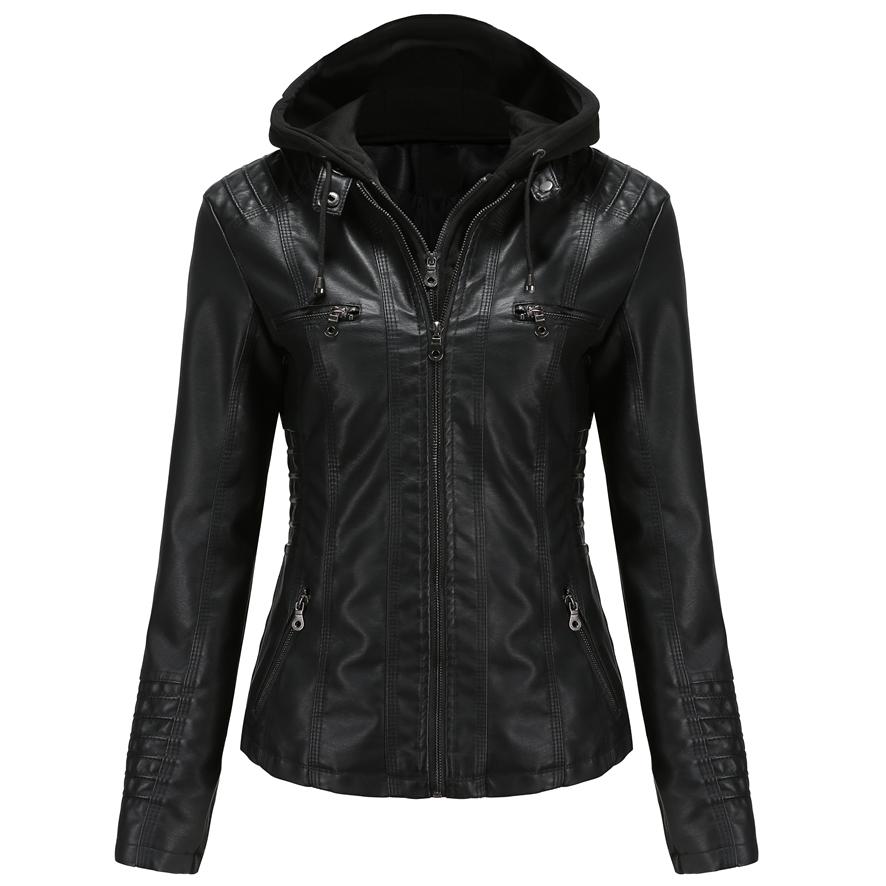 Abnehmbare Kapuzen-Kunstlederjacke für Damen, Motocross-Racer, Biker, Doppelreißverschluss, schmaler PU-Motorrad-Kurzmantel, klassische Bomber-Oberbekleidung, S-4XL XL schwarz von Joom DACH