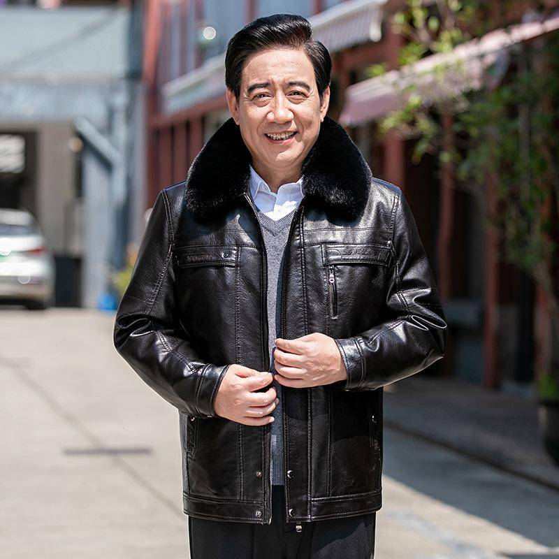 Abnehmbare Lederjacke für Herren mit Fleecefutter, verdickte neue Lederjacke in Übergröße, Winterjacke für mittleres und älteres Alter, Papa-Kleidung 7XL von Joom DACH