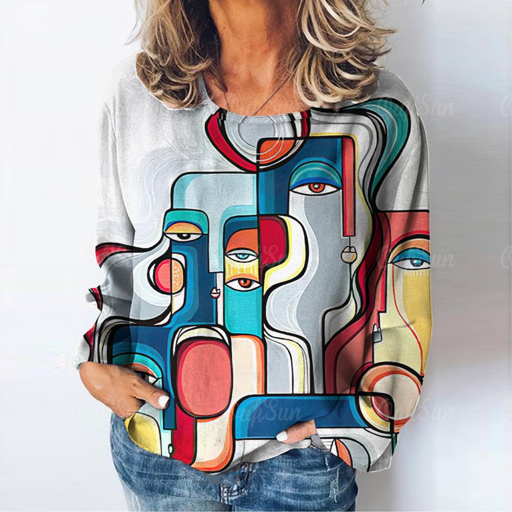 Abstrakte Kunst frauen T-Shirt Gesicht Muster Langarm Herbst O Hals Dame Kleidung Tops Übergroßen Harajuku Streetwear Weibliche Tees 4XL von Joom DACH