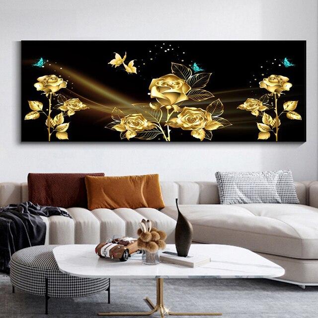 Abstrakte schwarze goldene Rose Blume Schmetterling Leinwand Malerei moderne Poster und Drucke für Wohnzimmer Home Wall Decor kein Rahmen 50*100cm von Joom DACH