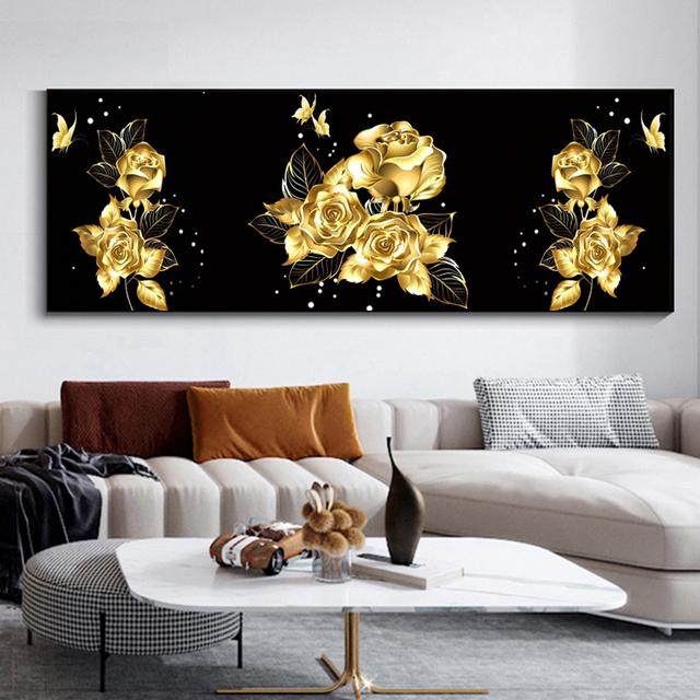 Abstrakte schwarze goldene Rose Blume Schmetterling Leinwand Malerei moderne Poster und Drucke für Wohnzimmer Home Wall Decor kein Rahmen 70*170cm von Joom DACH