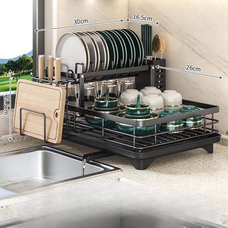 Abtropfgestell für die Küche, verstellbar, Edelstahl, 2 Ebenen, Teller-Organizer, Geschirr-/Schüssel-Abtropfgestell, Lagerregal, Küchenutensilien von Joom DACH