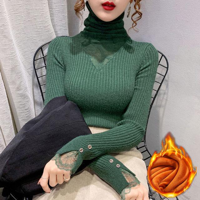 Add Velvet Bottoming Shirt Damen Herbst und Winter Mesh Lace Stitching Rollkragen Slim Knit Lady Shirt Blusa M grün von Joom DACH