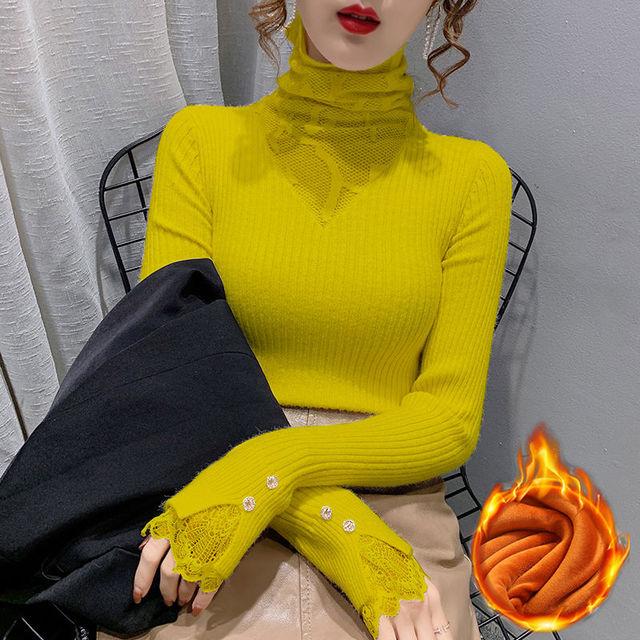 Add Velvet Bottoming Shirt Damen Herbst und Winter Mesh Lace Stitching Rollkragen Slim Knit Lady Shirt Blusa XXL gelb von Joom DACH