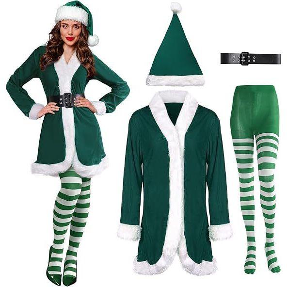 Erwachsene Damen Weihnachtsmann Weihnachten Grüner Elf Kleid Socken Hut Sets Weihnachten Neujahr Cosplay Kostüme Aufführung Rollenspiel Outfit S grün von Joom DACH