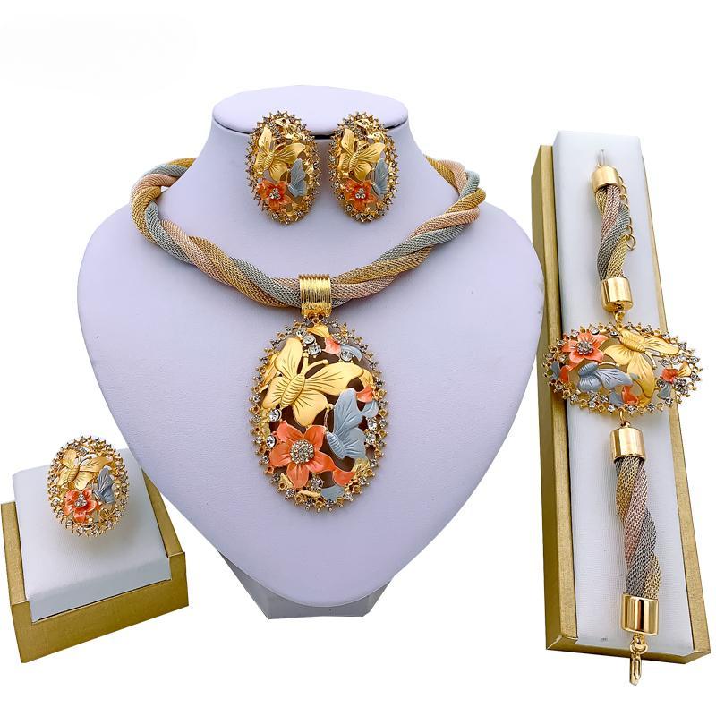 Afrikanischer Schmuck, Charm-Halskette, Ohrringe, Dubai, Goldschmuck-Sets für Frauen, Hochzeit, Braut, Armband, Ring, Anhänger, Schmuck-Set 45cm reinfarbig von Joom DACH