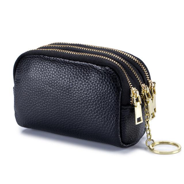Aliwood Echtes Leder Geldbörse Erste Schicht Rindsleder Mini Frauen Brieftasche Einfache Mode 3 Zipper Schlüssel Geldbörsen Kupplung schwarz von Joom DACH