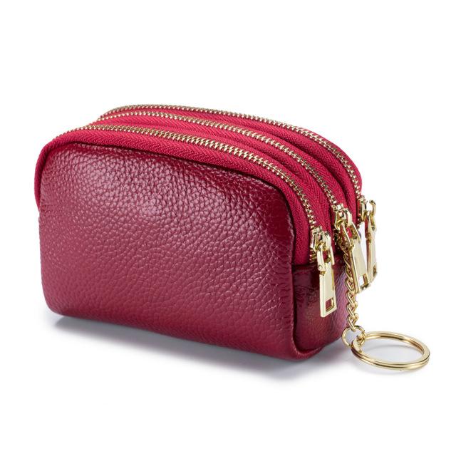 Aliwood Echtes Leder Geldbörse Erste Schicht Rindsleder Mini Frauen Brieftasche Einfache Mode 3 Zipper Schlüssel Geldbörsen Kupplung bordeaux von Joom DACH