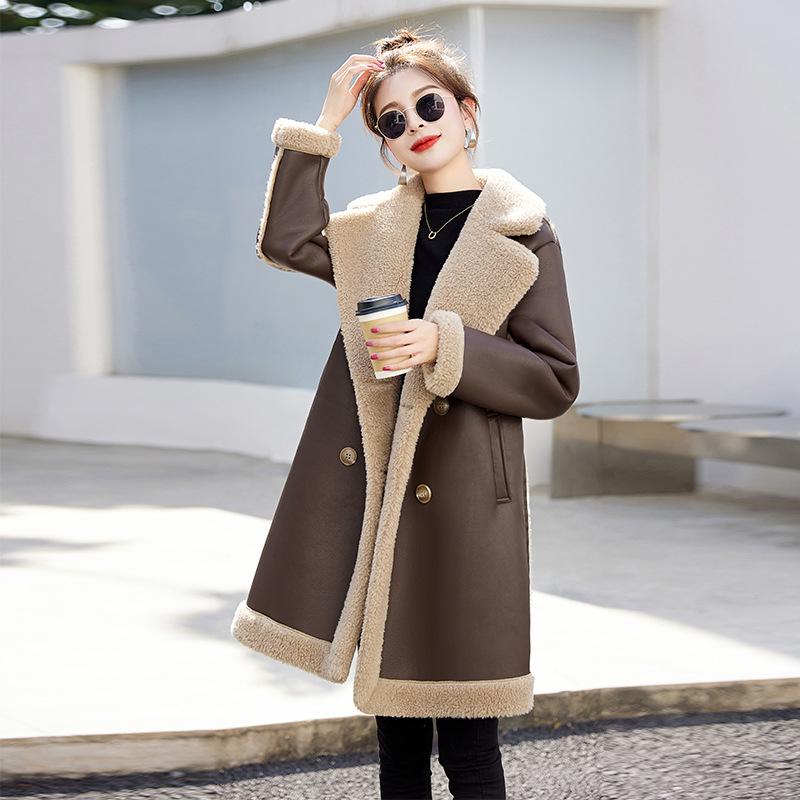 All-in-One-Mantel aus Lamm-Wildlederfell für Damen, mittellanger, samtverdickter Winterpelzmantel XL kaffeebraun von Joom DACH