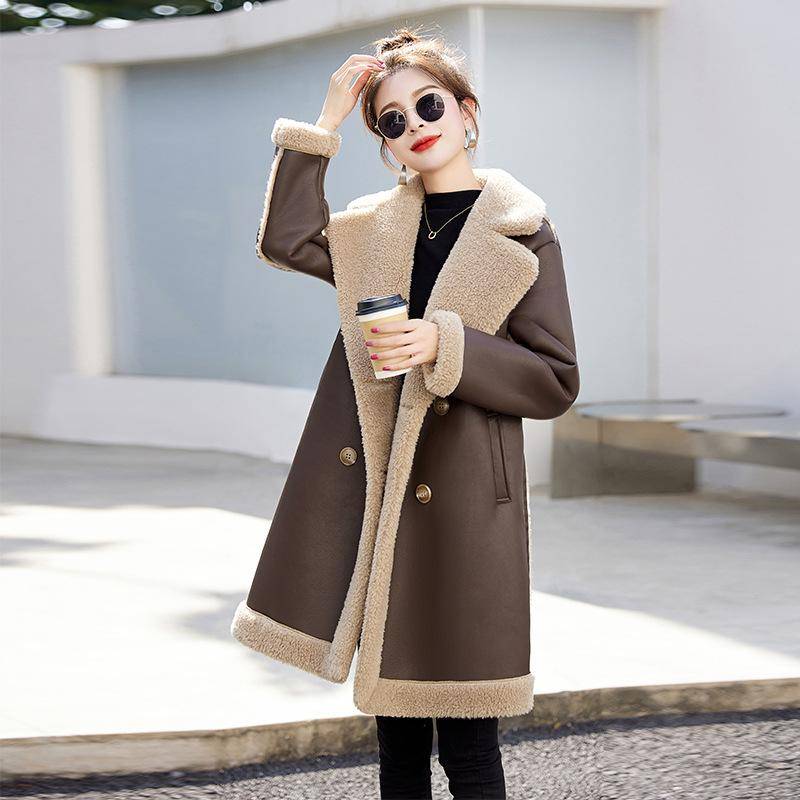 All-in-One-Mantel aus Lamm-Wildlederfell für Damen, mittellanger, samtverdickter Winterpelzmantel XL kaffeebraun von Joom DACH