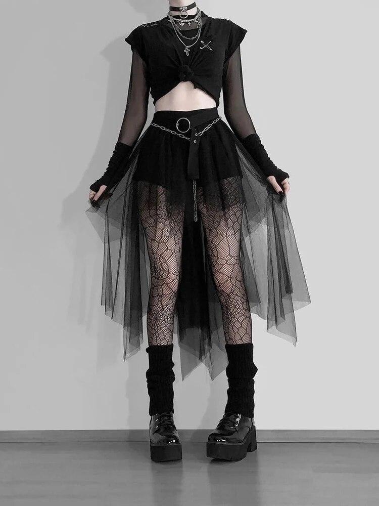 AltGoth Harajuku Gothic Mesh Rock Frauen Cyberpunk Y2k E-mädchen Hohe Taille Unregelmäßigen Rock Emo Alternative Indie Clubwear Weibliche S schwarz von Joom DACH