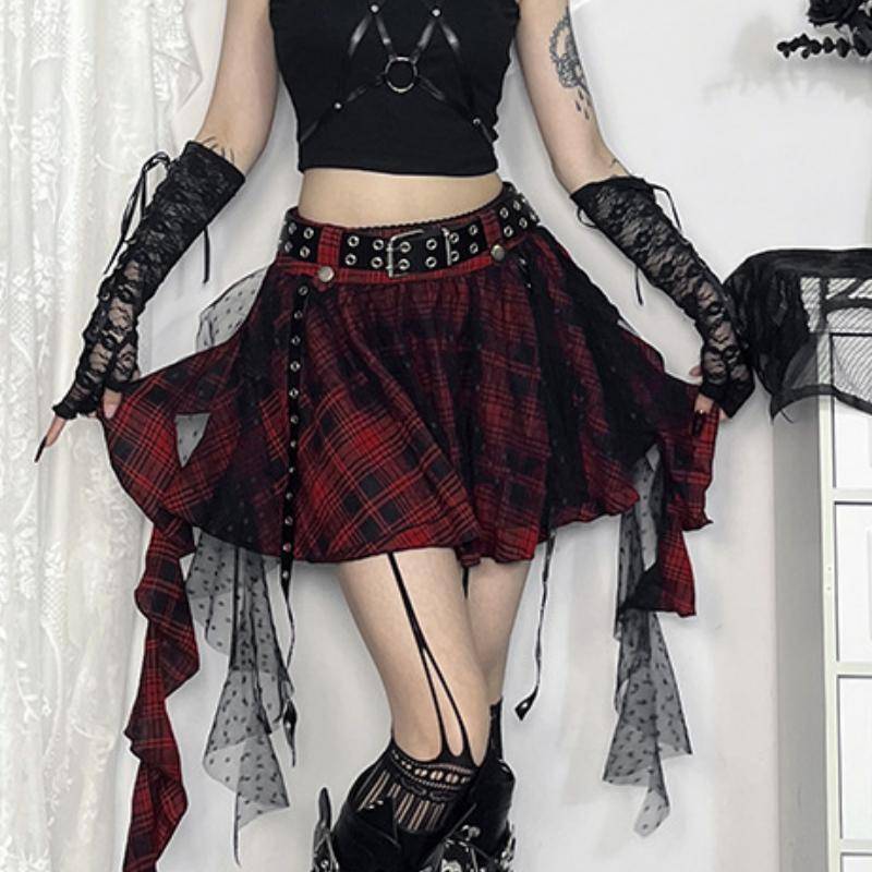 AltGoth Y2k Cyber Punk Plaid Rock Frauen Mall Gothic Harajuku Streetwear Polka Dot Mesh Patchwork Hohe Taille Unregelmäßige Röcke S rot von Joom DACH