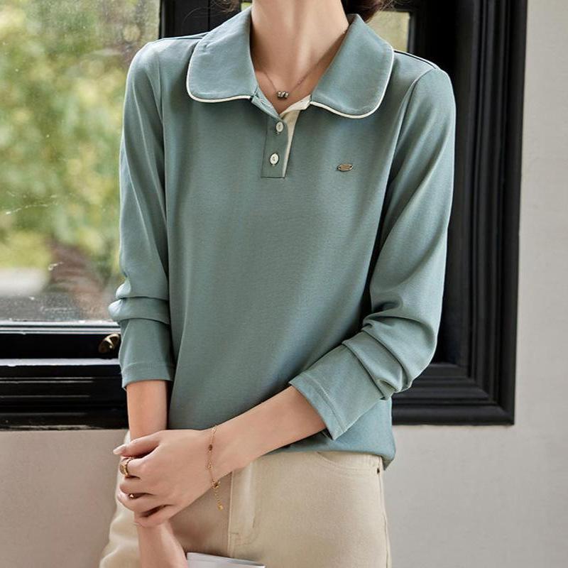 Altersreduzierendes Poloshirt im Herbst Neues klein geschnittenes Design Kontrastfarbige Paspelierung Damen Langarm T-Shirt 2XL von Joom DACH
