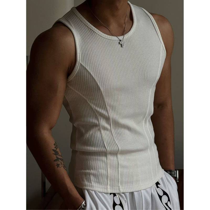 American Vertical Thread Tank Tops Muscle Herren Enges elastisches ärmelloses T-Shirt Spleißlinien Dünn Schnelltrocknende Fitnessweste M weiß von Joom DACH