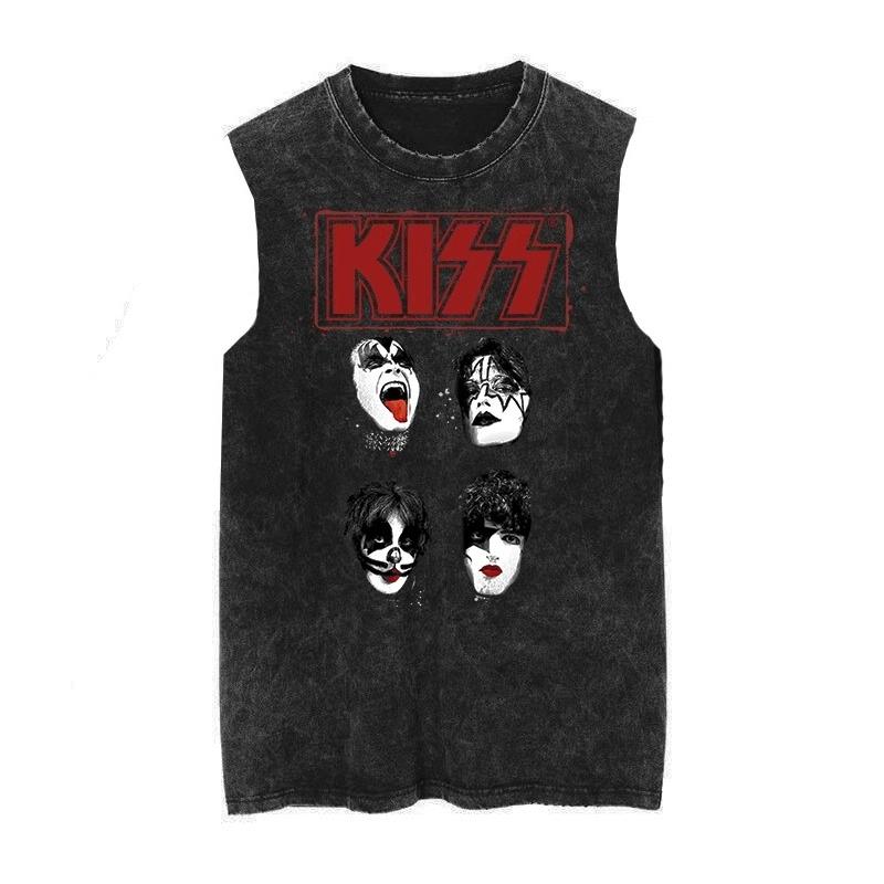 American Vintage Gewaschene Baumwolle Kiss Band Herren Damen Neu Locker Weste Retro Modetrend Ärmelloses T-Shirt Tanktops 3XL von Joom DACH