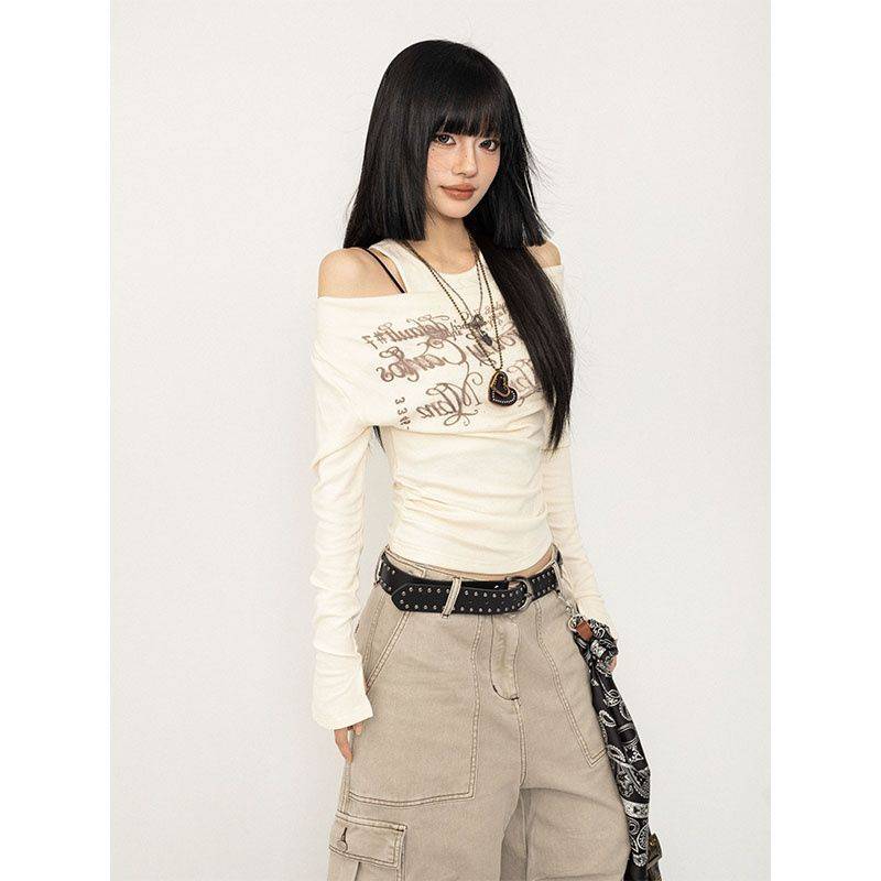American Vintage Print Tops Damen Solid Y2k Schulterfrei Langarm T-Shirt Weiblich Eingeklemmte Taille Abnehmen Gefälschte Zwei Tops M beige von Joom DACH