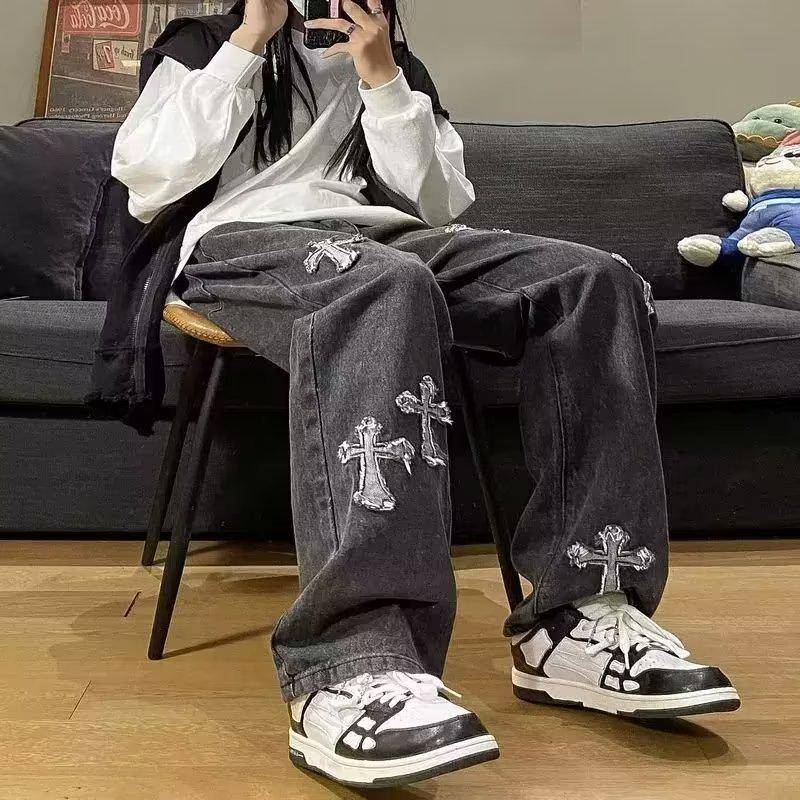 Amerikanische High Street Damen Washed Retro Wide-Leg Jeans - Herbsttrend L graue von Joom DACH