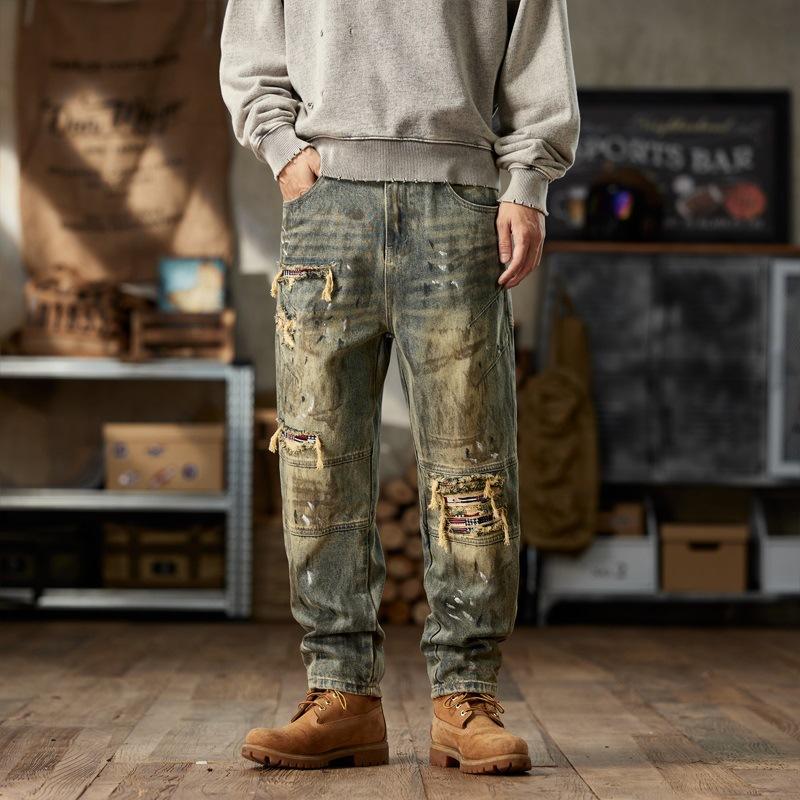 Amerikanische Retro-Frühlings- und Herbstmodelle Neue lockere Persönlichkeit Zerrissene Patch Harlan Jeans Herrenhosen 40 hellblaue von Joom DACH