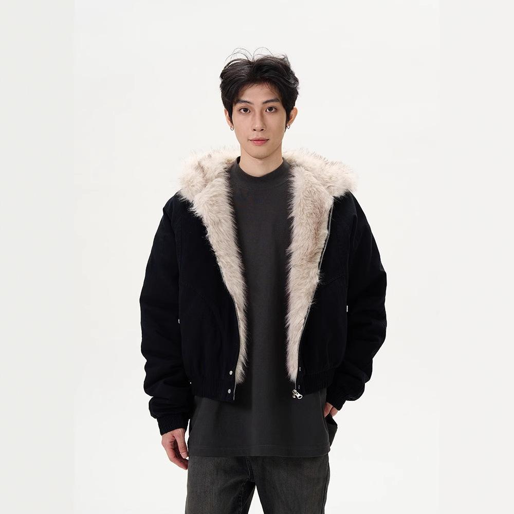 Amerikanische Retro Jacke mit Pelzkragen Herren Nische Trendige Jacke Baumwollkleidung XXXL schwarz von Joom DACH