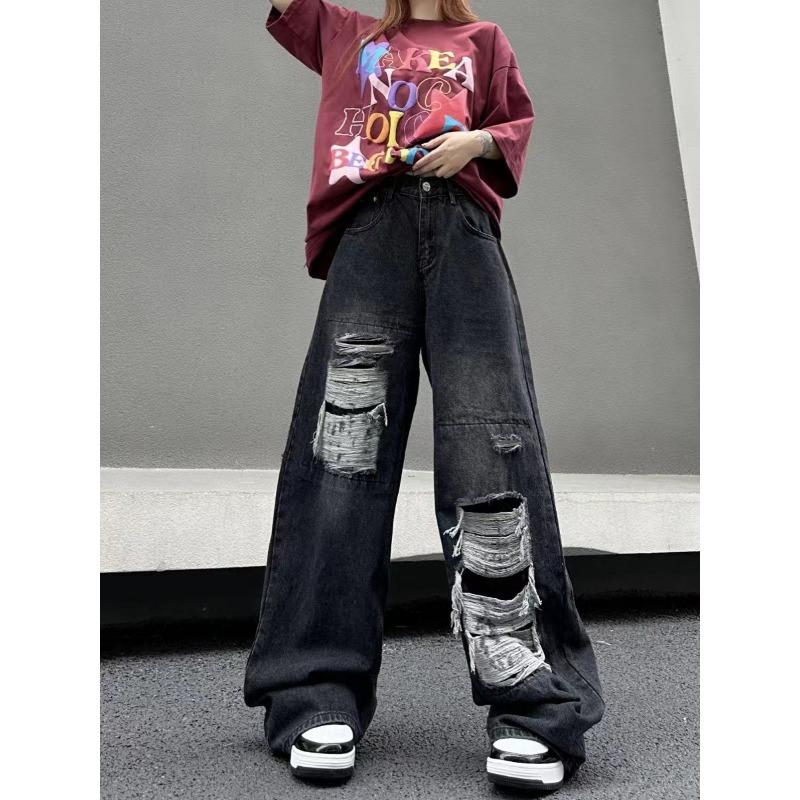 Amerikanische Retro-Jeans, lockere Jeans mit weitem Bein für Damen, blaues Loch, dünn, trendig, allgleiches, weites Bein, gerade Wischhose für Damen 2024 M von Joom DACH
