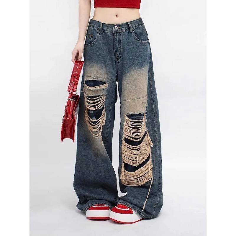 Amerikanische Retro-Jeans, lockere Jeans mit weitem Bein für Damen, blaues Loch, dünn, trendig, allgleiches, weites Bein, gerade Wischhose für Damen 2024 S blau von Joom DACH
